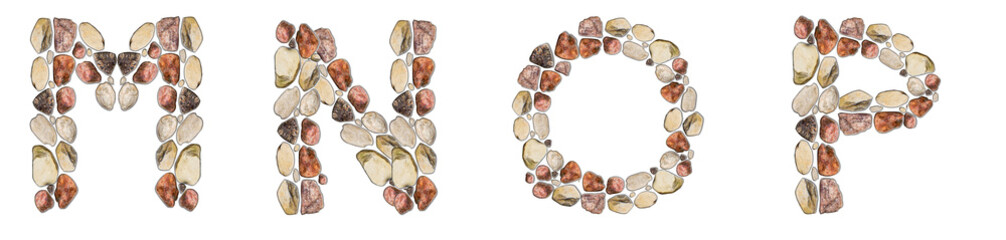 The letters M, N, O, P are made of stones