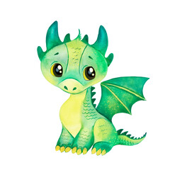 Little dragon watercolor illustration, childrens cartoon character 
