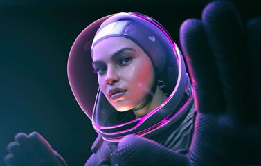 female astronaut with neon color helmet - 3d rendering - obrazy, fototapety, plakaty