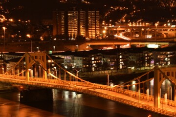 Night Traffic Light Trails Along the Allegheny River in Pittsburgh, Pennsylvania