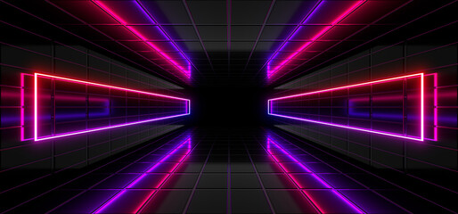 Obraz premium Sci Fy neon lamps in a dark corridor. Reflections on the floor and walls. 3d rendering image.