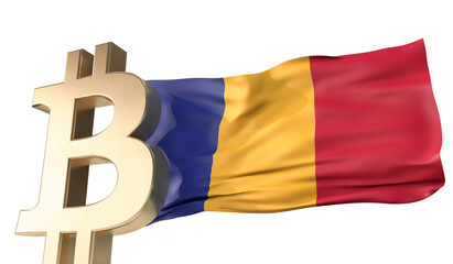 Gold bitcoin cryptocurrency with a waving Romania flag. 3D Rendering