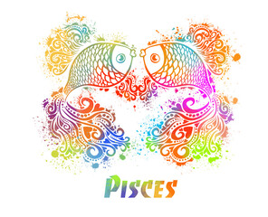 Sign of the zodiac multicolored pisces. T-shirt printing. Mixed media. Vector illustration