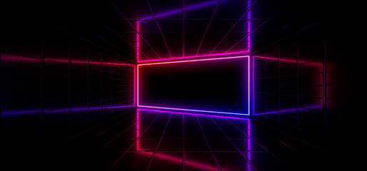 Sci Fy neon lamps in a dark corridor. Reflections on the floor and walls. 3d rendering image.