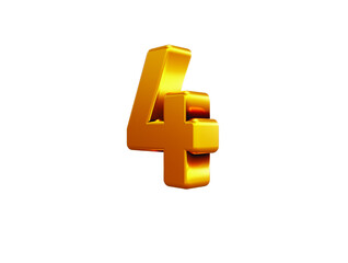Volumetric glossy Golden Metallic uppercase letter 4isolated on white background. 3D rendered alphabet. Modern font for banner, poster, cover, logo design template element.