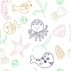 Fototapeten Cartoon style doodle seamless pattern of marine life fish, octopus, jellyfish, starfish, seahorses  and whales. Hand drawn vector illustration. Perfect for scrapbooking, textile and prints.  © Anna