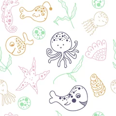 Fotobehang Naadloze herfst Cartoon style doodle seamless pattern of marine life fish, octopus, jellyfish, starfish, seahorses  and whales. Hand drawn vector illustration. Perfect for scrapbooking, textile and prints.   © Anna
