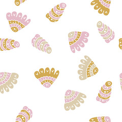Doodles seamless pattern of seashells on a white background. Hand drawn vector illustration. Perfect for scrapbooking, textile and prints.
