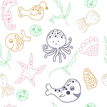 Cartoon style doodle seamless pattern of marine life fish, octopus, jellyfish, starfish, seahorses  and whales. Hand drawn vector illustration. Perfect for scrapbooking, textile and prints.
