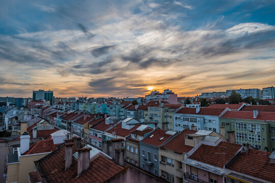 Buildings viewed from above in Alvalade neighborhood at sunset, Lisbon PORTUGAL