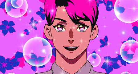 Pink-haired young man in anime cartoon style. The petals of flowers is falling in front of him. Vector illustration in neon vivid colors.