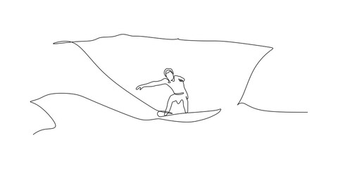 Surfing surfer riding ocean wave - continuous one line drawing