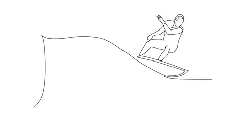Surfing surfer riding ocean wave - continuous one line drawing