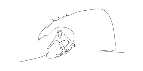 Surfer surfing hollow wave tube ride closeup up water - continuous one line drawing