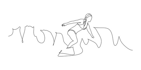 Young surfer girl ride on perfect ocean wave - continuous one line drawing