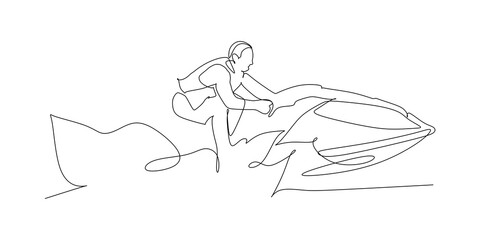 Young Man on Jet Ski in the tropical Ocean, a vacation concept - continuous one line drawing