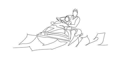 happy, excited family, father and son having fun on jet ski at summer vacation - continuous one line drawing