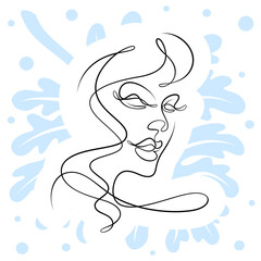 International Women's Day minimal design line drawing style. Portrait of young woman beauty face isolated on blue leaf background. Vector for Spa, fashion, hairdressing and beautiful artwork design.
