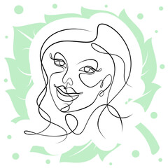 International Women's Day minimal design line drawing style. Portrait of young woman beauty face isolated on green leaf background. Vector for Spa, fashion, hairdressing and beautiful artwork design.