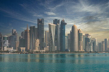 DOHA, QATAR - FEBRUARY 11, 2018: The skyline of the modern and high-rising city of Doha, Qatar, Middle East