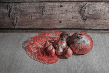 Red onion low light photography. Food and vegetable background concept