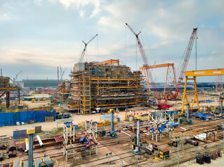 Malaysia, Perak, 1 June 2021: View Sapura Kencana oil rig construction site.Shot were noise and...