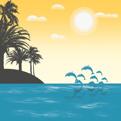 Fototapeta na wymiar Tropical island with palm trees, ocean, sunshine and dolphins flat illustration 