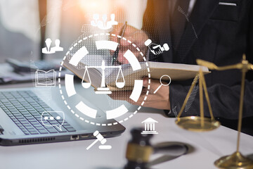 Male lawyer or judge consult having team meeting with client, Law and Legal services concept with icons lawyer