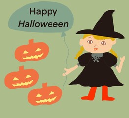 ハロウィンと魔女の女の子とかぼちゃ