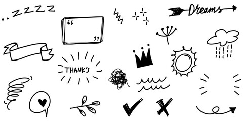 hand drawn set of curly swishes, swashes, swoops. Abstract arrows,  Arrow, heart, love, star, leaf, sun, light, crown, king, queen, on doodle style for concept design. vector illustration.