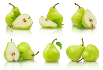 Set of green ripe pears isolated on a white background. Fresh fruits.