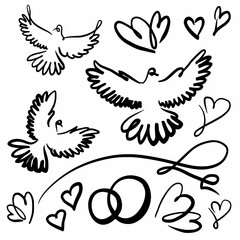 Doves and hearts wedding freehand drawing set