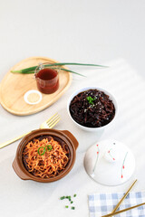 Top View Korean Noodle, Spicy Ramen and Jjajangmyeon (Korean Noodle  with Black Soybean Paste). Copy Space for Text