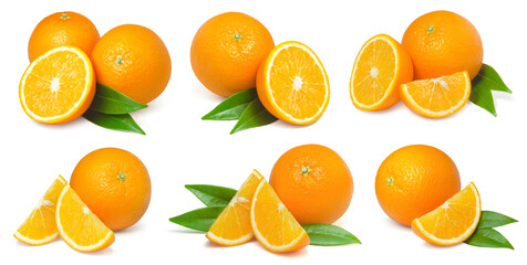 Set of ripe sweet slicing oranges isolated on white background. Fresh fruits.