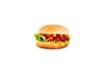 Chicken hamburger with vegetables isolated on white background