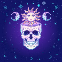 Mystical drawing:  sun and moon inside the human skull. Stars, space symbols. Alchemy, magic, esoteric, occultism. Background - night star sky. Color vector illustration.