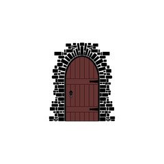 Arch of Stone with Closed Wooden Door Vector Illustration