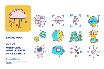 Artificial intelligence AI concept with circuit board data and brains chip for engineering, development, brainstorming. Hand drawn doodle icons set vector fill color style vector illustration