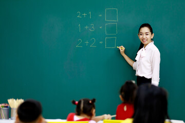 Portrait shot of Asian beautiful female mathematic tutor standing smiling holding chalk writing...