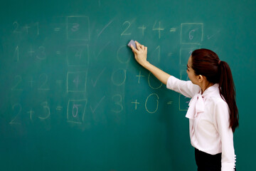 Portrait shot of Asian beautiful ponytail hairstyle female mathematic teacher turn back standing...
