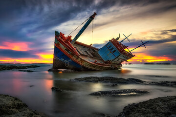 Wreckage Ship at Twilight, Thailand