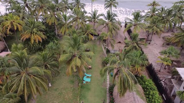 palomino la guajita en colombia, enfrente del mar, entre palmas y mucha arena con desayuno y olas que golpean  los pies. clima caluroso cielos despejados tomas con drone vuelo