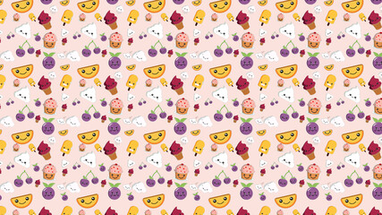 Children pattern background with summer themes. Wallpaper for kids with summer food