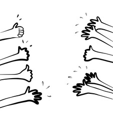 doodle hands up set. thumbs up hand drawn. isolated on white background. vector illustration