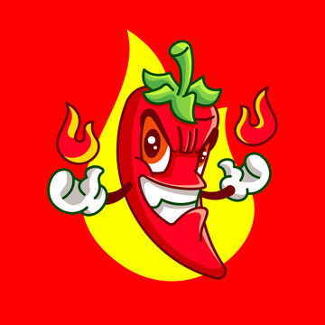 Cartoon hot red chilli character creating fireballs on both hands