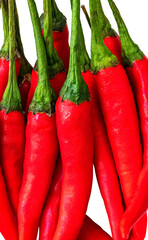 Close up stack of fresh red chilli, isolated on white background. Vertical image of red chilli.