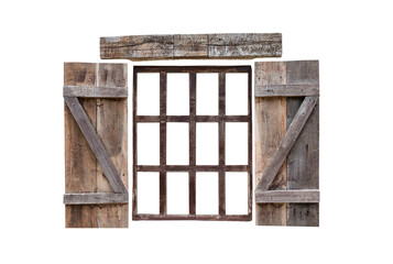 Isolated natural wooden window frame on white background, twelve panes, opened window, country...
