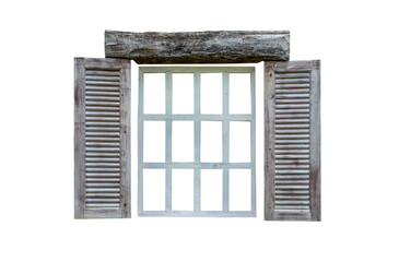 Isolated wooden window frame on white background, twelve panes, old and vintage style wooden window, old by weather condition.