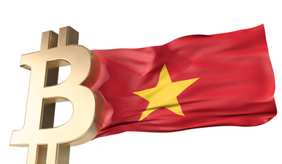 Gold bitcoin cryptocurrency with a waving Vietnam flag. 3D Rendering