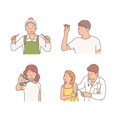 People holding sharp tools. hand drawn style vector design illustrations. 